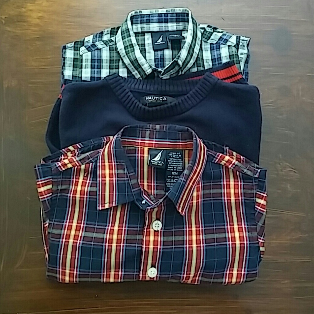 IEC.  Three Nautica plaid shirts & sweater.12-18M.